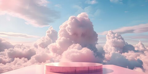 Pink podium on cloudfilled sky background creating a dreamy and aesthetic scene. Concept Dreamy Background, Aesthetic Photography, Pink Podium, Cloud-filled Sky, Outdoor Photoshoot