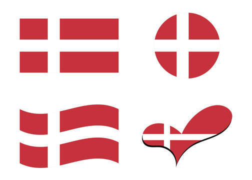 Flag of Denmark. Denmark flag in heart shape. Denmark flag in circle shape. Country flag variations.