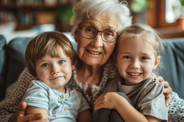 Joyful grandmother embracing her grandchildren with love and happiness in a cozy, warm home, creating a strong multigenerational familial bond and nurturing relationship - obrazy, fototapety, plakaty