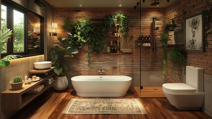 Modern bathroom interior with green plants, wooden elements, and natural light. - obrazy, fototapety, plakaty
