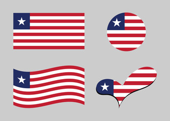 Flag of Liberia. Liberia flag in heart shape. Liberia flag in circle shape. Country flag variations.