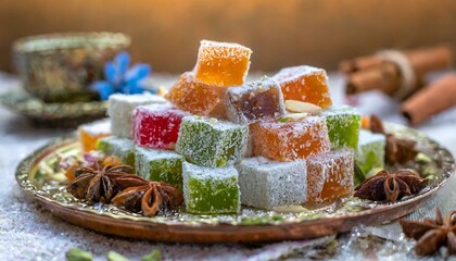 A mix of colorful turkish delight on a tray, with soft natural lighting