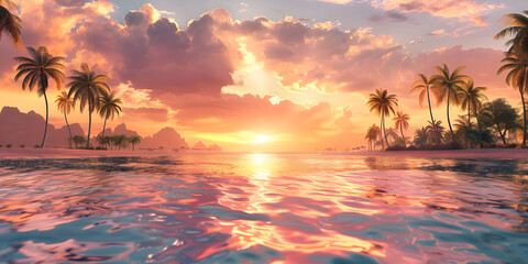 Fototapeta na wymiar Beautiful sunset over the sea with palm trees - Ai generated
