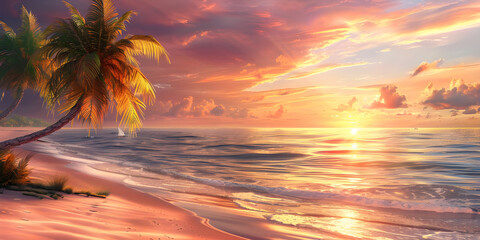 Beautiful sunset over the sea with palm trees - Ai generated