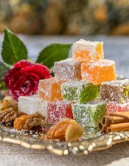 A mix of colorful turkish delight on a tray, with soft natural lighting