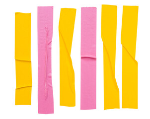 Naklejka premium Top view set of pink and yellow wrinkled adhesive vinyl tape or cloth tape in stripes shape isolated with clipping path in png file format