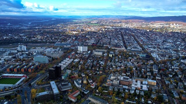 Aerial view of the old town around the city Wiesbaden on an overcast day in fall in Germany.	