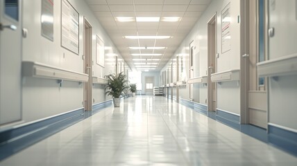 Clean and bright hospital corridor with modern medical equipment