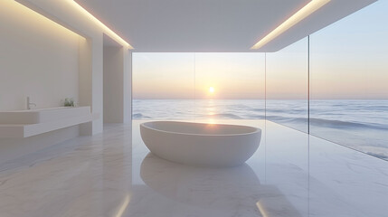 Modern futuristic bathroom minimalist design, white freestanding bathtub, panoramic window overlooking the ocean - obrazy, fototapety, plakaty