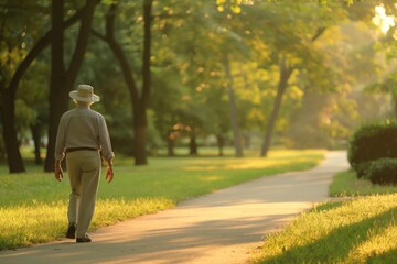 Elderly man enjoys a peaceful walk along a sunlit path in a lush park