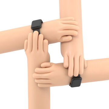 Transparent Backgrounds Mock-up. Four diverse men holding each others wrists. Top view. Supports PNG files with transparent backgrounds.
