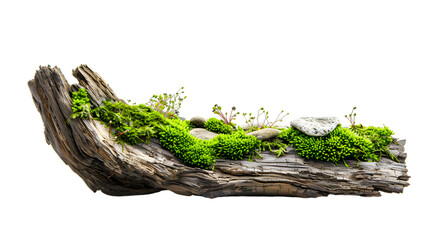 Fresh green moss on rotten branch and dirt isolated on white