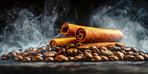 Aromatic Cinnamon Sticks, Coffee Beans, and Anise Stars, Cozy Culinary Ingredients Background - obrazy, fototapety, plakaty