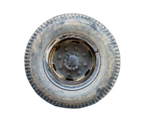 Side view of single big old dirty wheel isolated on white background with clipping path