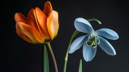 yellow tulip flower on black background combined with light blue snowdrop