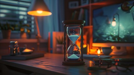 Blue hourglass on desk symbolizing time and deadlines - obrazy, fototapety, plakaty
