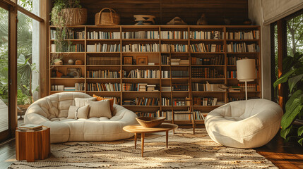 Obraz na płótnie Canvas Cozy Home Interior with Bookshelves and Comfortable Seating