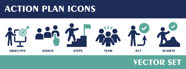 Action plan icons. Containing objective, assign, steps, team, act, achieve. Flat design vector set.
