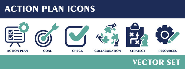Action plan icons. Containing action plan, goal, check, collaboration, strategy, resources. Flat design vector set.