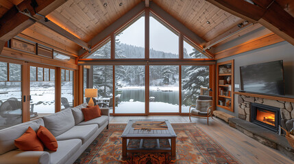 Cozy wooden cabin interior with fireplace, large windows overlooking snowy landscape, and comfortable seating. - obrazy, fototapety, plakaty