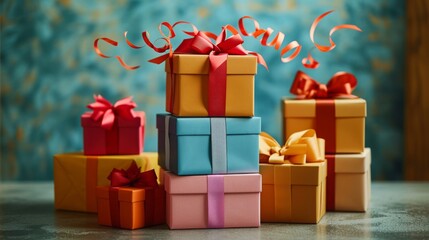 Fototapeta premium A stack of colorful gift boxes with ribbons bursting open representing the excitement and value that brands deliver.