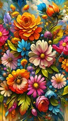 Fototapeta na wymiar Oil painting of flowers. Abstract art background. Colorful flowers. Beautiful floral background.
