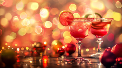 Cocktails on a table with bokeh lights and blur background. Copy space. Christmas time. Holidays, celebration, nightclub, bar, celebrate. - 759823976