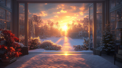 Winter sunrise viewed from a cozy home with snow-covered surroundings and festive decorations.