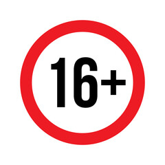 Age restriction for 16 plus vector illustration. Person under 16 not allowed sign, number sixteen in red line isolated circle badge for age limit of forbidden restricted social media content, movie