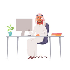 Arabian business man. Muslim male working at computer in office. Cartoon vector illustration isolated on white. Saudi teacher, manager, engineer, worker