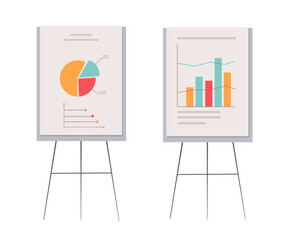 Stand flip chart for presentation cartoon vector illustration. Board with diagrams, statistics and data isolated on white background. Business presentation tool. Lecture, seminar, office design