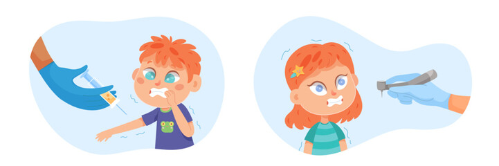 Kids fears vector illustration set. Children afraid of vaccinations and dentist. Scared crying boy and girl with childish phobias. Frightened young cartoon characters. Kid psychologic support