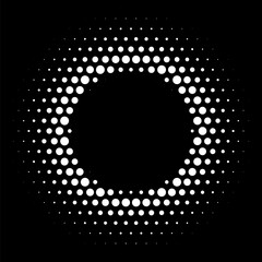 White abstract circle frame with halftone dots. Vector emblem design element isolated on black background. Round border with dots texture
