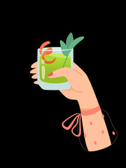 Woman hand with glass of alcohol cocktail or drink with lime vector illustration isolated on black background. Female holds goblet with mojito or wine. People celebrating with toasts and cheering