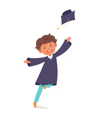 Kid graduate jumping high vector illustration. Cartoon isolated cute child tossing mortarboard cap on graduation party or ceremony, happy jump of young male elementary student character in gown