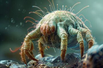 Dust mite fantastic or futuristic, microscopic parasites and animal, microorganism. Mite, bug, microbiology and ectoparasite, vermin and insects