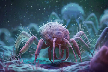 Dust mite fantastic or futuristic, microscopic parasites and animal, microorganism. Mite, bug, microbiology and ectoparasite, vermin and insects - obrazy, fototapety, plakaty
