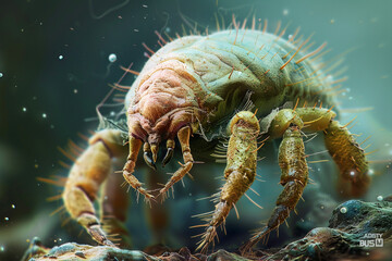Dust mite fantastic or futuristic, microscopic parasites and animal, microorganism. Mite, bug, microbiology and ectoparasite, vermin and insects - obrazy, fototapety, plakaty