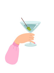 Woman hand with glass of martini with olives vector illustration isolated on white background. Female holds goblet with alcohol cocktail. People celebrating with toasts and cheering. Party time