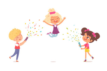 Happy birthday party with confetti. Kids celebration. Holiday in kindergarten or school. Fun children vector illustration. Cute little boy and girls smiling and jumping on white background