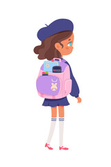 Kid with school backpack back view vector illustration. Girl going to kindergarten with bag pack. Cartoon smart student character isolated on white background. Back to school, education concept