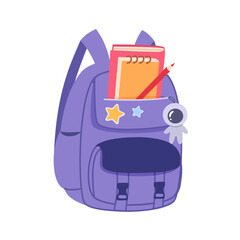 Children school backpack vector illustration. Cute blue kid back bag with books and stationery isolated on white. Cartoon stylish accessories. Back to school education concept