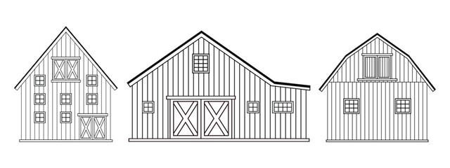 Set of black wite doodle cartoon alone wooden barn houses, roofs, windows and doors with crossed white boards. Vector Outline isolated hand drawn illustrations on white background, front view © essskina