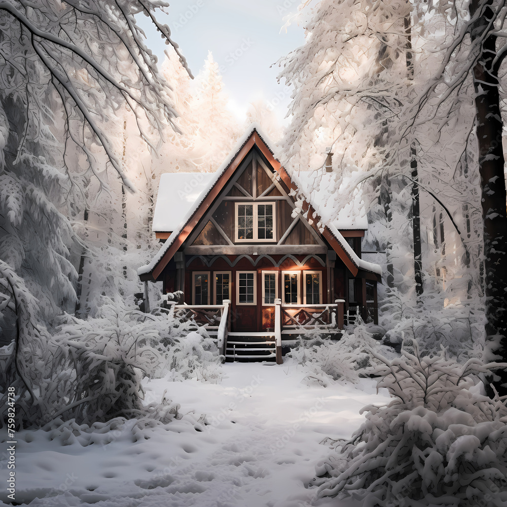 Sticker Snow-covered cabin in a winter forest. 