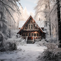Snow-covered cabin in a winter forest. 