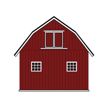 Hand drawn flat red wooden barn with windows and doors. Isolated illustration on white background
