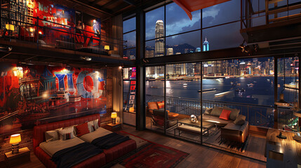 Luxurious loft apartment interior with large windows overlooking a city skyline at night. - obrazy, fototapety, plakaty