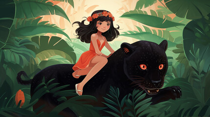 Garota montada em uma pantera negra na floresta - Ilustração infantil - obrazy, fototapety, plakaty