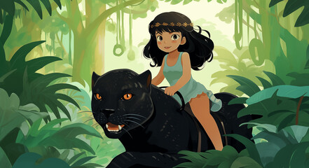 Garota montada em uma pantera negra na floresta - Ilustração infantil - obrazy, fototapety, plakaty