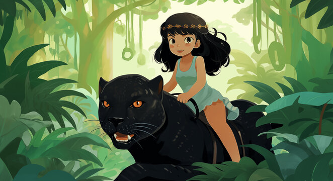 Garota montada em uma pantera negra na floresta - Ilustração infantil